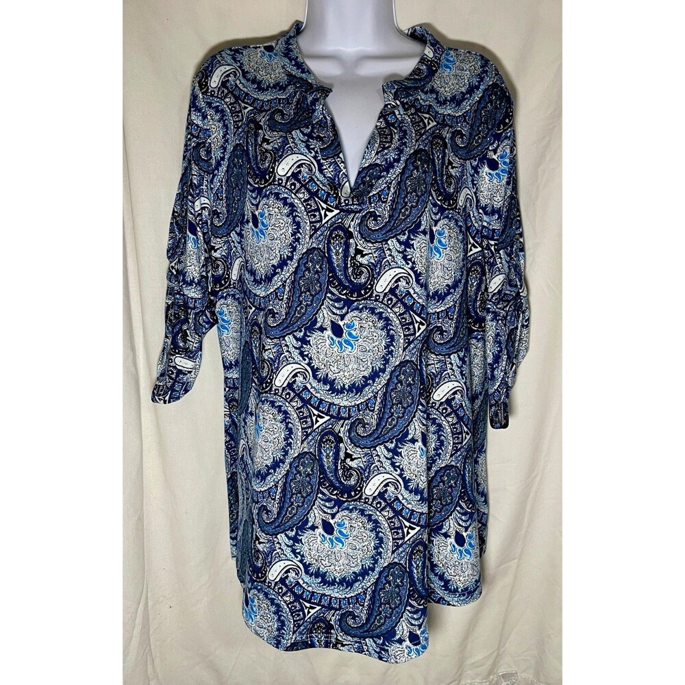 a.Jesdani Women’s Blouse 2X Blue/White Paisley V-Neck 3/4 Roll Tab Tunic
